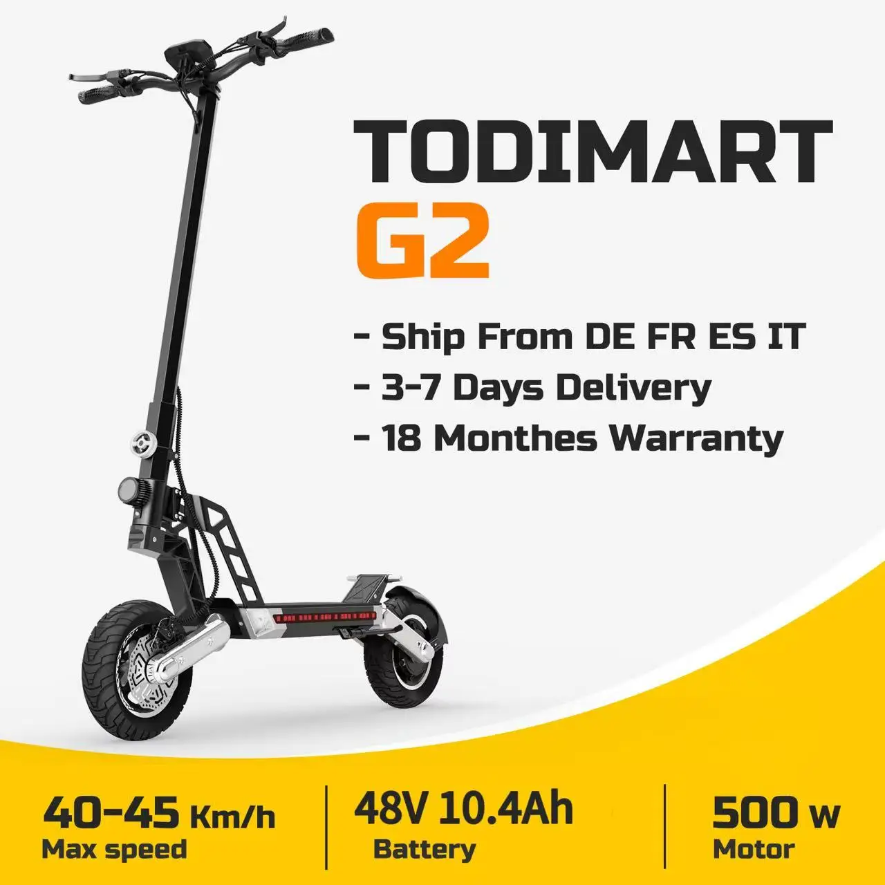 Trottinette électrique adultes Todimart G2, 500W, 48V 10.4Ah, autonomie 40-50km, freins à double disque, pneus de 10 pouces