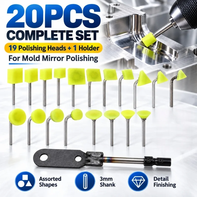 19PCS Rubber Abrasive Heads 1PC Holder Mold Mirror Polishing Tool Set 3mm Shank Rotary Accessories For Precision Metal Finishing