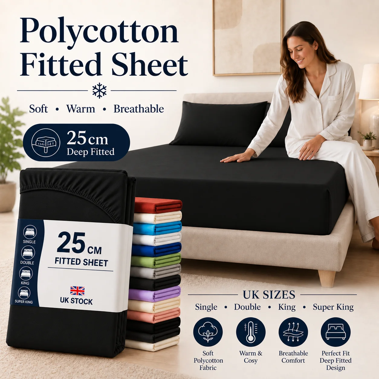 Deep Fitted Polycotton Bed Sheets with Elastic Corners