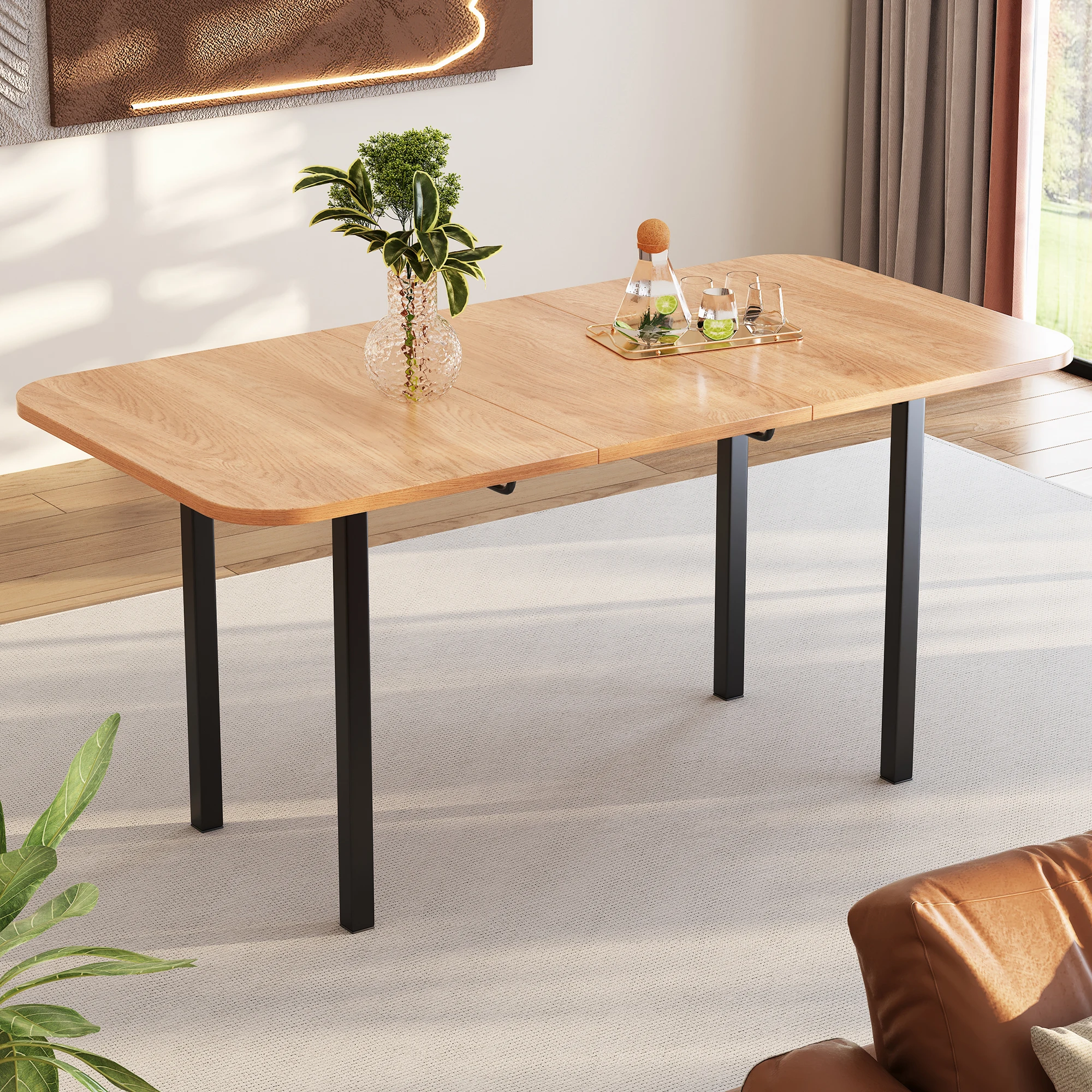 Image 4: Table à manger extensible, tables pliantes 120/160*80*75 cm, table de loisirs rectangulaire pour salon, table pliable et rangable, naturelle
