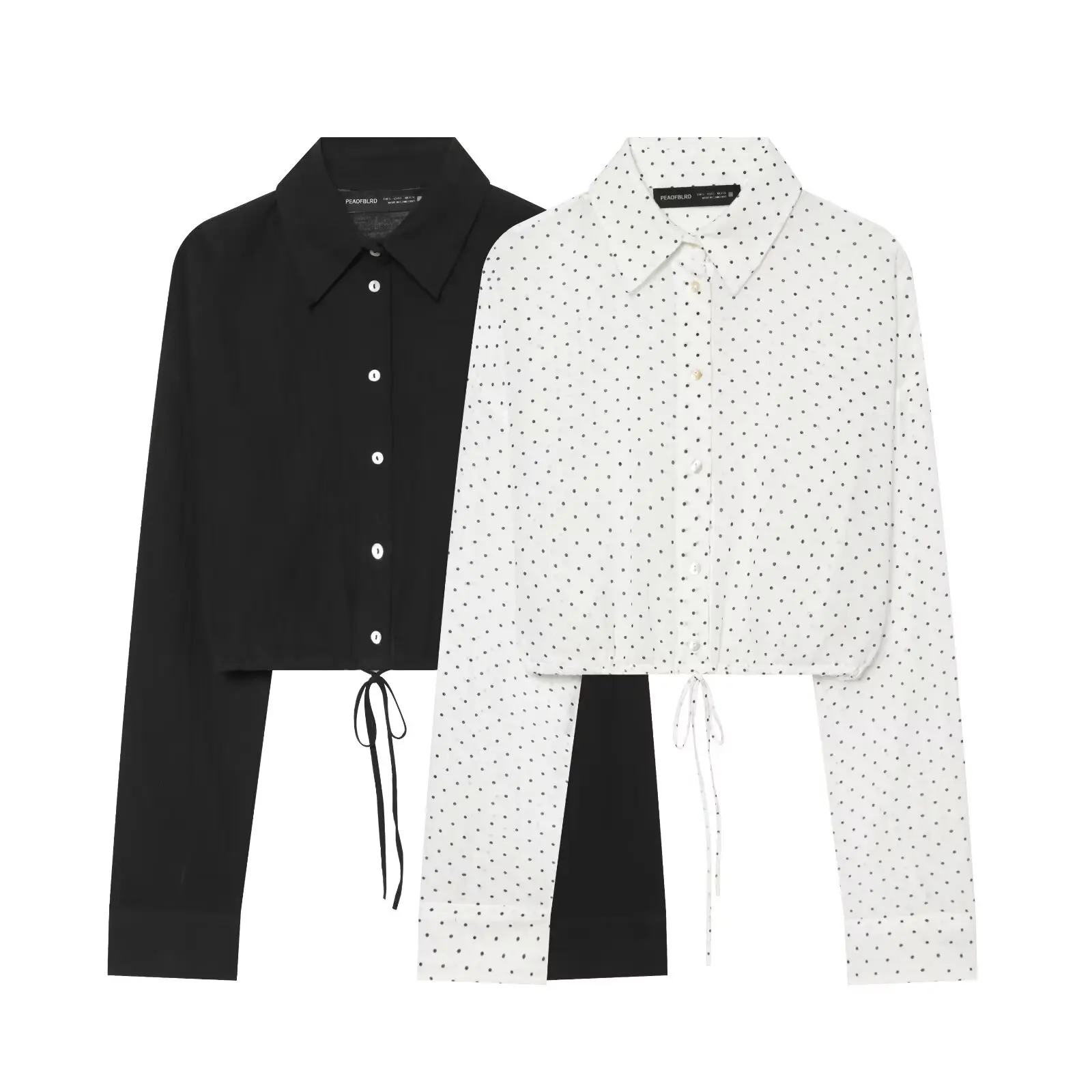 Y2K Polka Dot Cropped Shirt Women Sexy Turn Down Collar Long Sleeve Blouse Vintage Black Drawstring Tie Tank Tops 2026