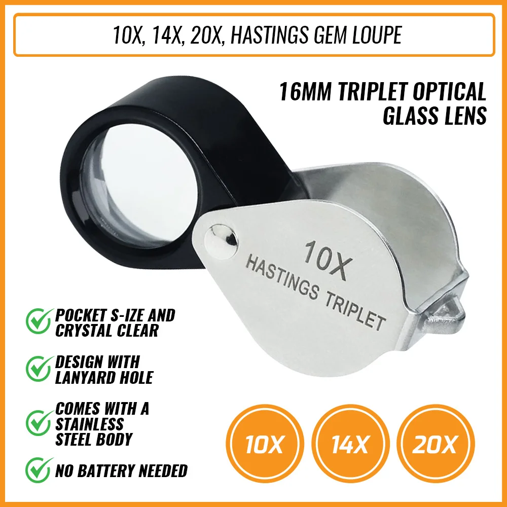 Lupa 10x-20x lupa jóias hasting triplet vidro óptico jóias lupa uv 6 branco led lupa