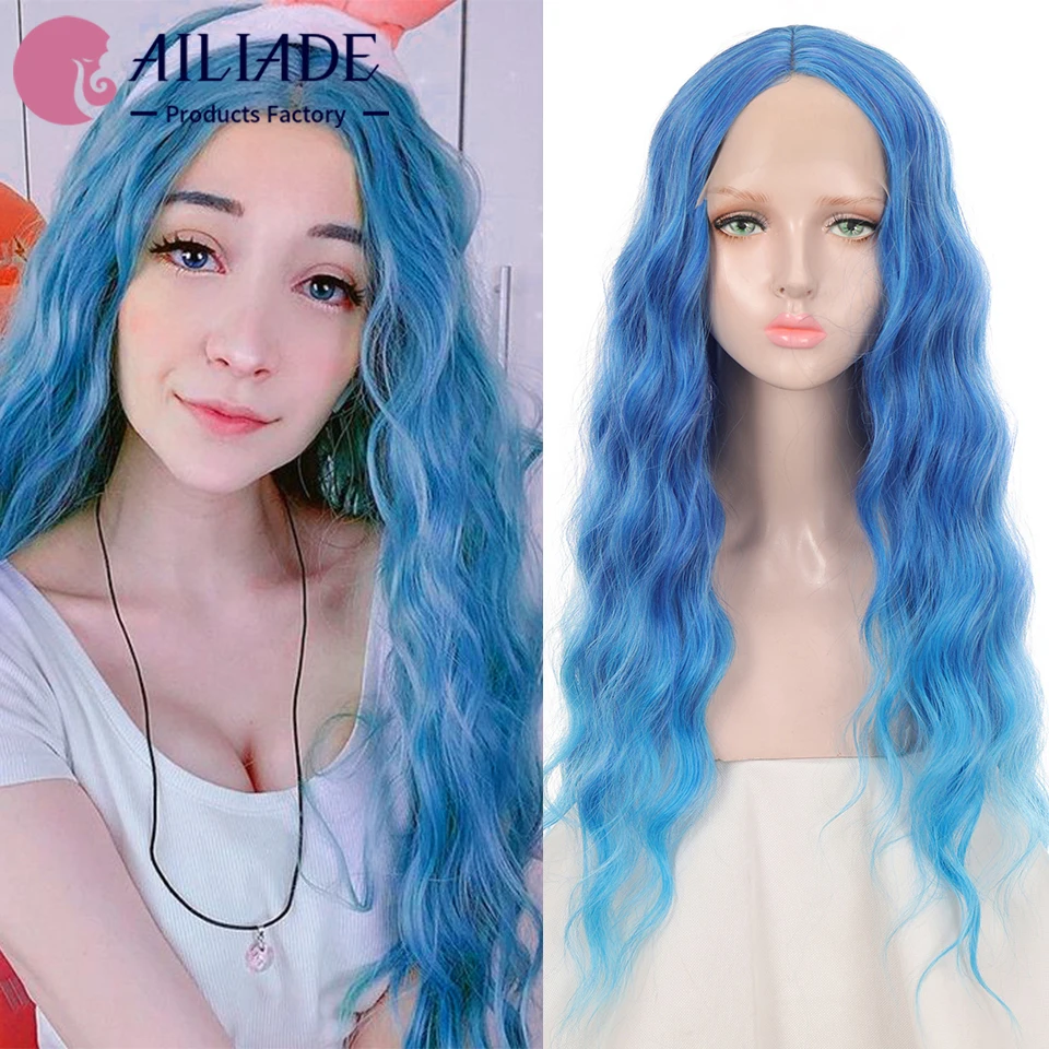 

AILIADE Synthetic Lace Wigs For Women Long Wave Curly Middle Part Lace Wig Natural Blue Orange Lolita Cosplay Lace Wig