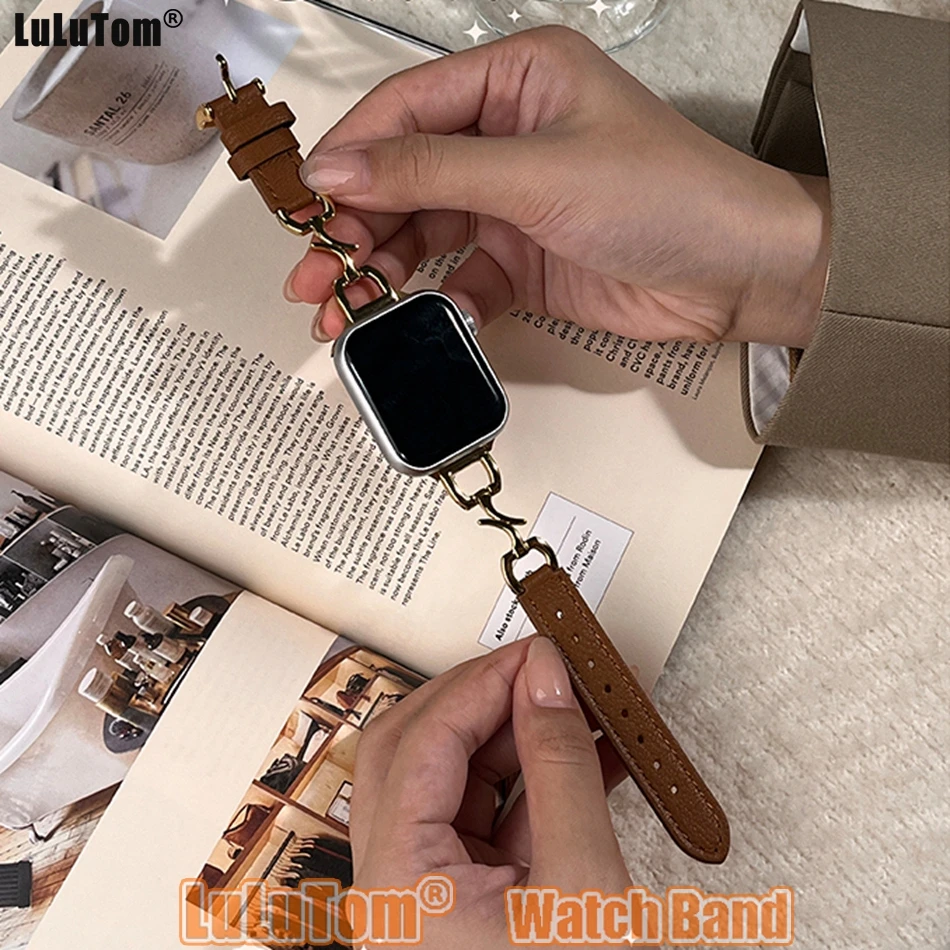 

Calfskin Strap For Apple Watch 8 Band Ultra 49mm 45 44 42mm 38mm 40 41mm Q type metal Bracelets for Iwatch Series 8 7 6 SE 5 4 3