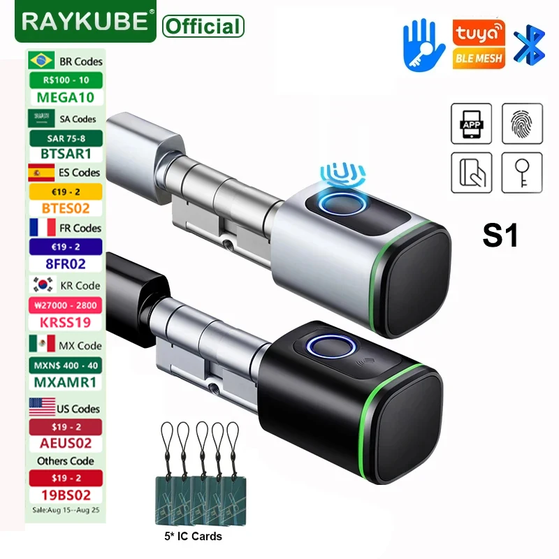 

RAYKUBE S1 Tuya BLE TT Lock Smart Electronic Door Lock with DIY Cylinder Core Fingerprint APP Keys IC Card Unlock for Home Hotel