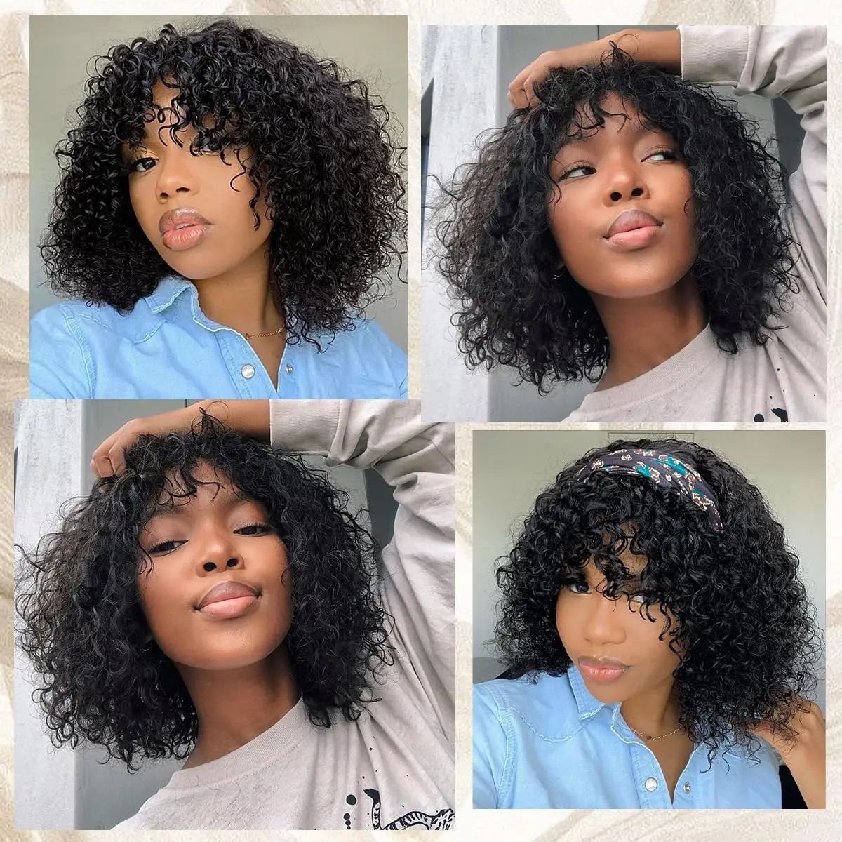 Short Bob Curly Human Hair Wigs with Bangs Natrual Black Glueless Brazilian Human Hair Kinky Curly Fringe Wigs for Black Women image 6