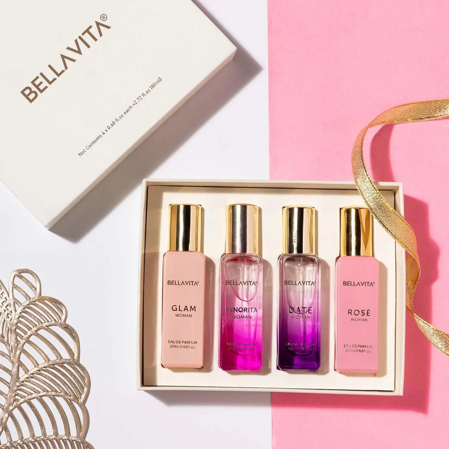 

Bellavita Luxury Women's Perfume Gift Set with Rose, Senorita, Date, and Glam | 80ml | Perfume for Women | Pink Pepper, Yuzu and Floral Peach | Long Lasting Fragrance |Mother's day present