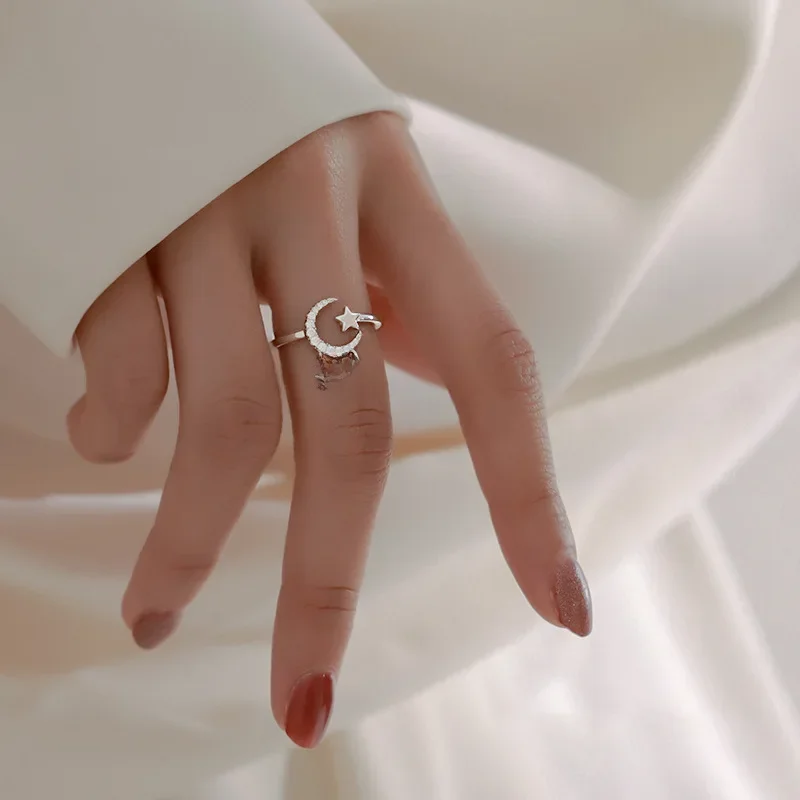 VENTFILLE 925 Silver Moon Tassel Opening Female Fashion Ins Ring — zdjęcie 2