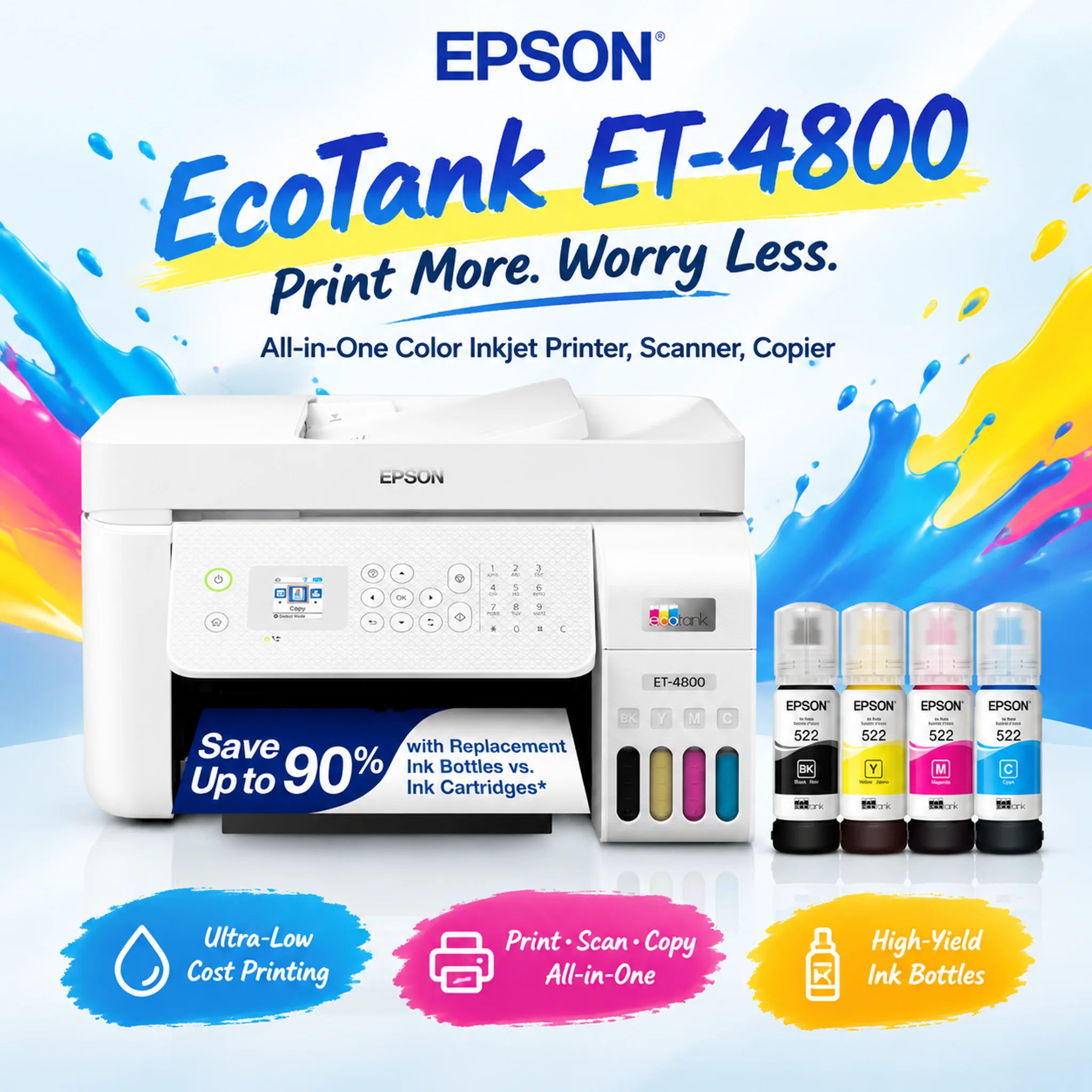 Epson EcoTank ET-4800 All-in-One Color Inkjet Printer, Scanner, Copier White