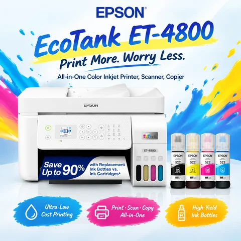 Epson EcoTank ET-4800 All-in-One Color Inkjet Printer, Scanner, Copier White