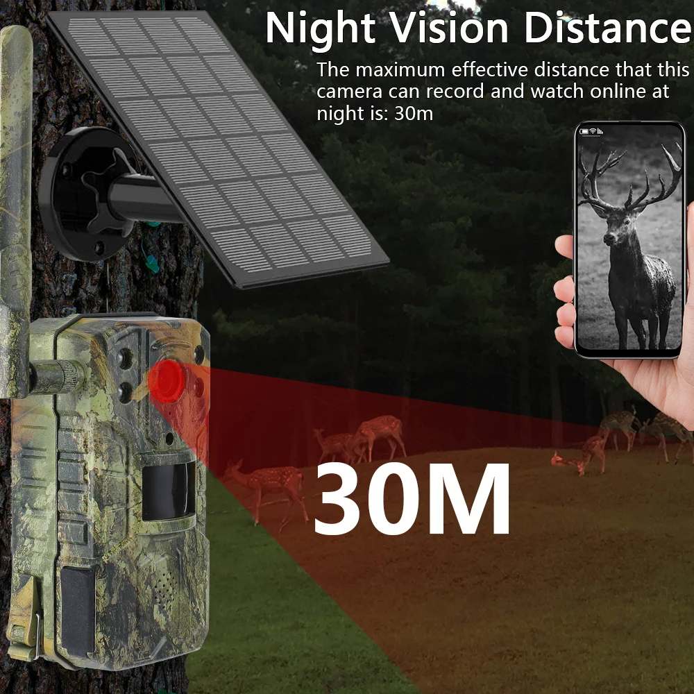 Solar Hunting Trail Camera 20M PIR Motion Detection Waterproof Wildlife Camera 4K 14MP 4G SIM Card 30M Night Vision 7800mAh