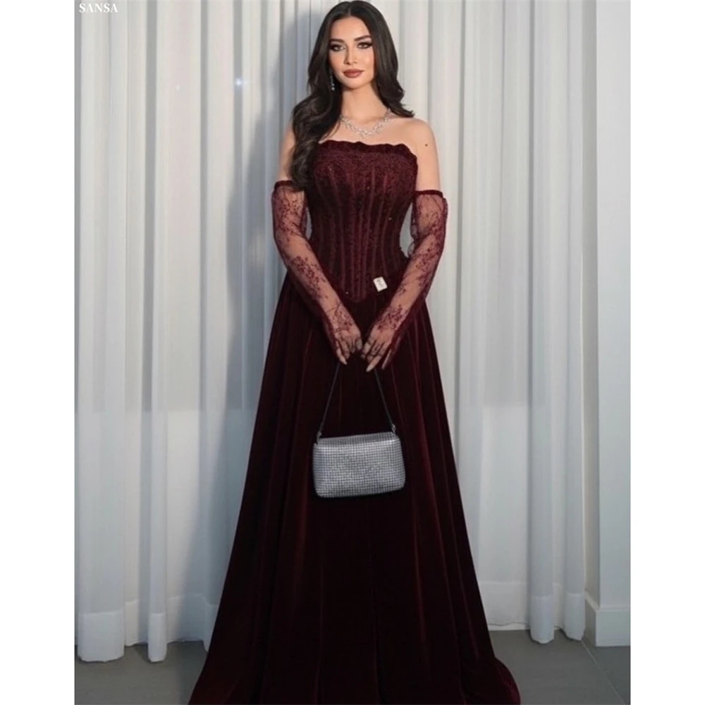 Sansa op maat gemaakte glanzende pailletten A-lijn strapless met handschoenen galajurk mouwloos vestidos de noche vloerlengte formele avond