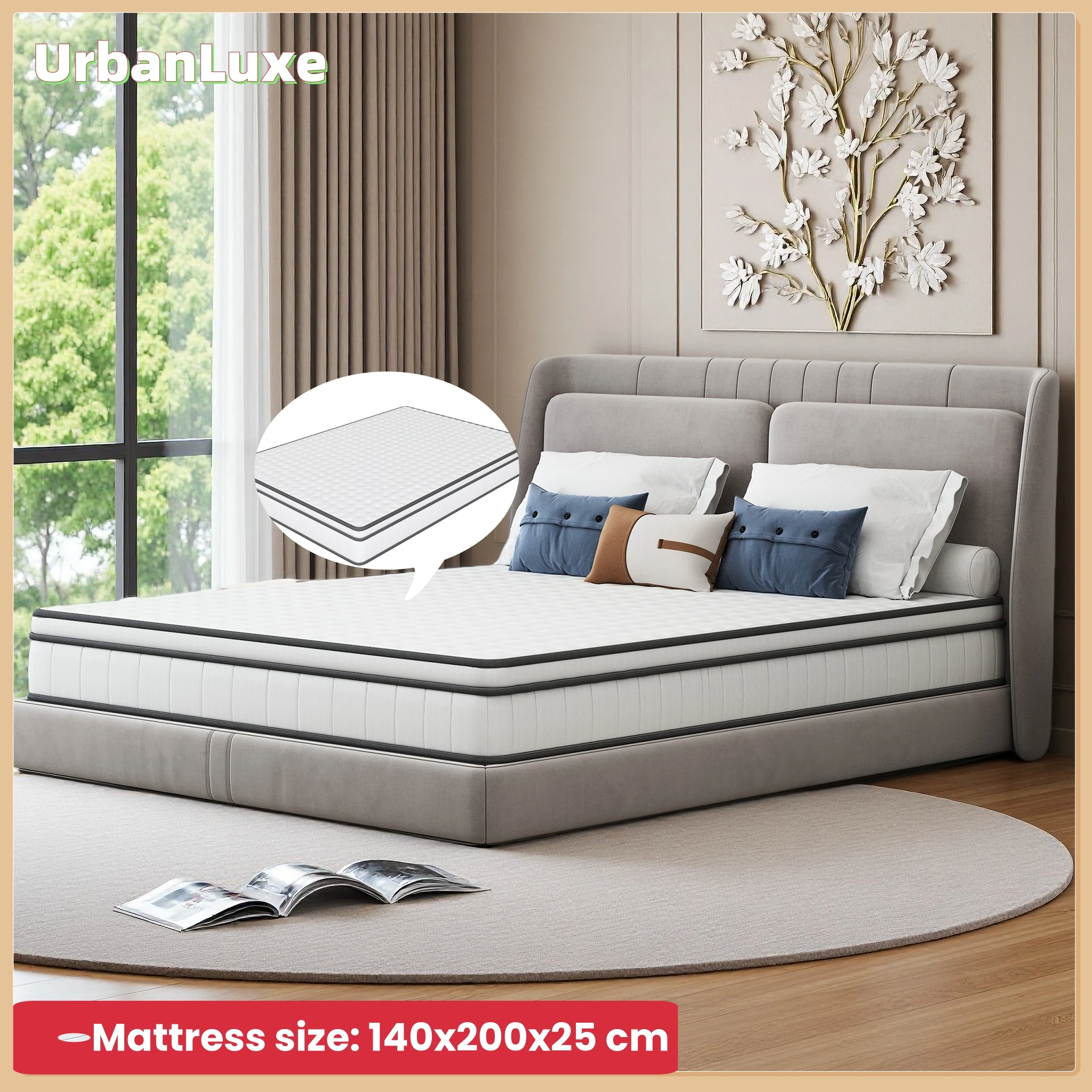 UrbanLuxe Materasso 140x190x25 cm, anima a molle insacchettate, tessuto 3D traspirante, media rigidità, forma curva ammortizzata