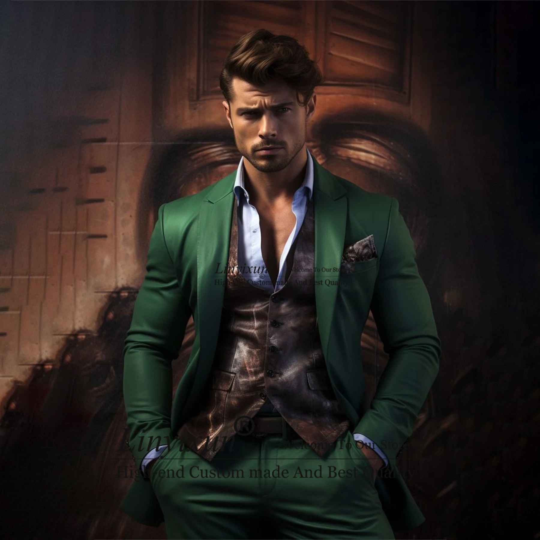 

Handsome Green Men Suit 3 Pieces Sets Groom Wedding Tuxedos Business Male Prom Blazers Leather Waistcoat Slim Fit Costume Homme