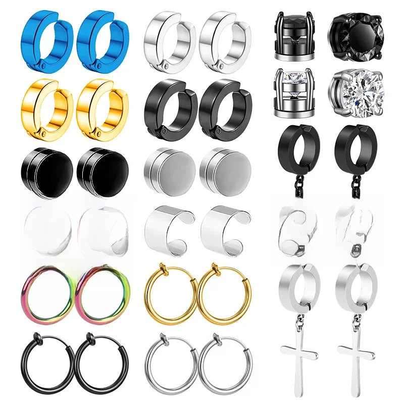 Boucles d'oreilles à tige magnétique en acier inoxydable pour hommes, boucles d'oreilles créoles, non perçantes, croix pendante, unisexe, clip magnétique CZ, 1/16 paires
