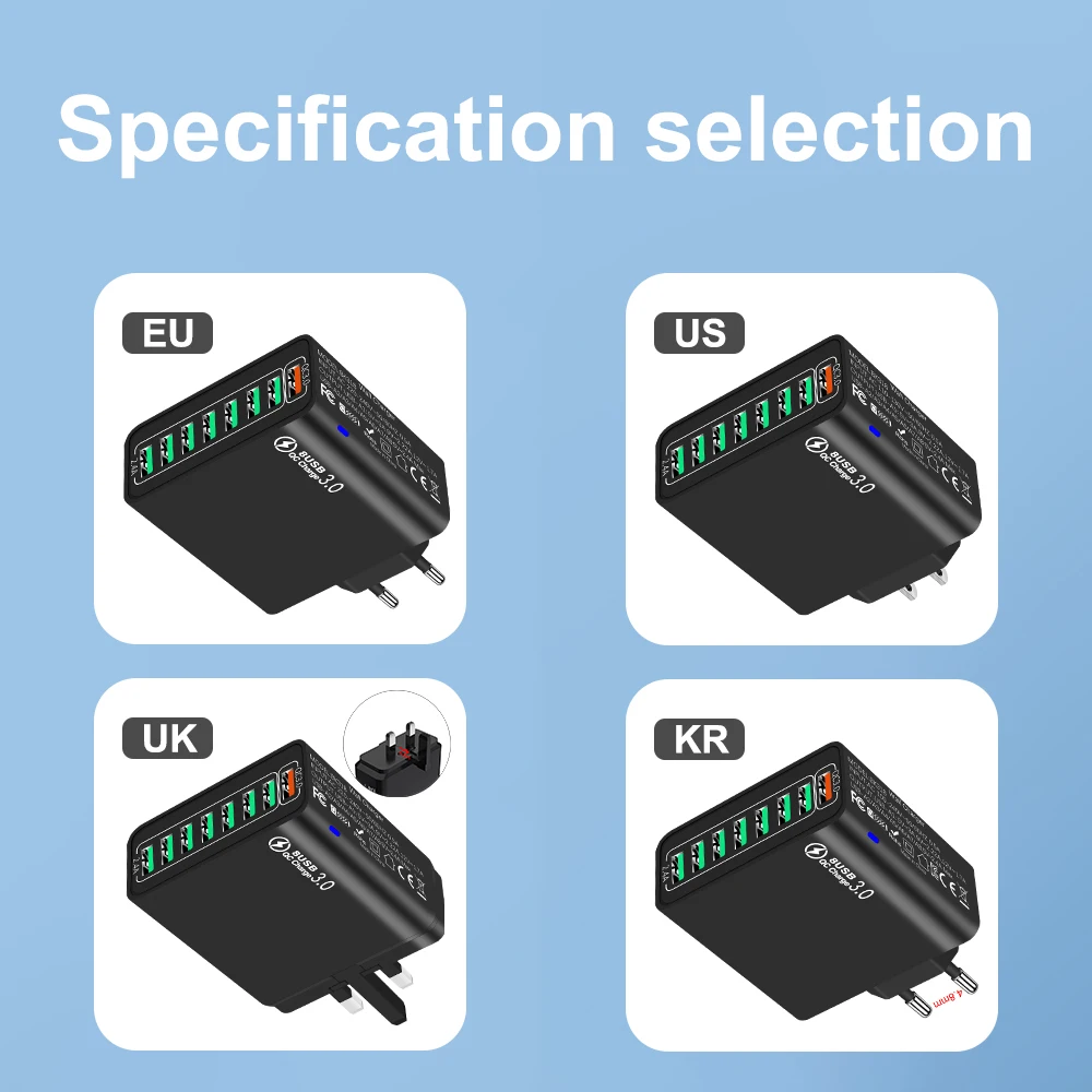 8 In 1 65W USB EU/US/UK/KR Plug Charger Fast Charge Phone Charger Wall Adapter For iPhone Samsung Xiaomi Multi Port image 5