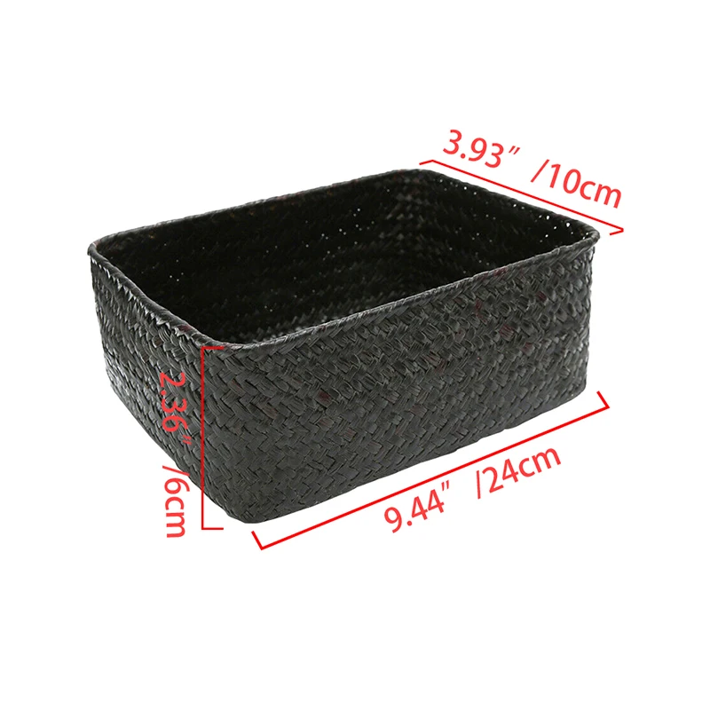 Black Wicker Storage Basket Rectangular Seagrass Basket Box Woven Rattan Container Shelf Organizer Kitchen Home Bathroom Decor