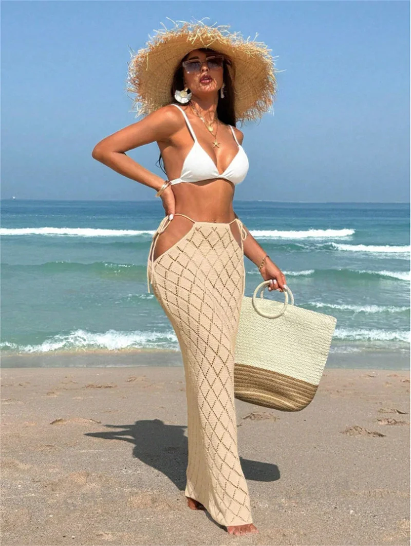 Faldas largas de punto para mujer, parte inferior de Bikini, cubierta Sexy ahuecada lateral con cordones recortados, falda de cintura alta, traje de baño envolvente de ganchillo