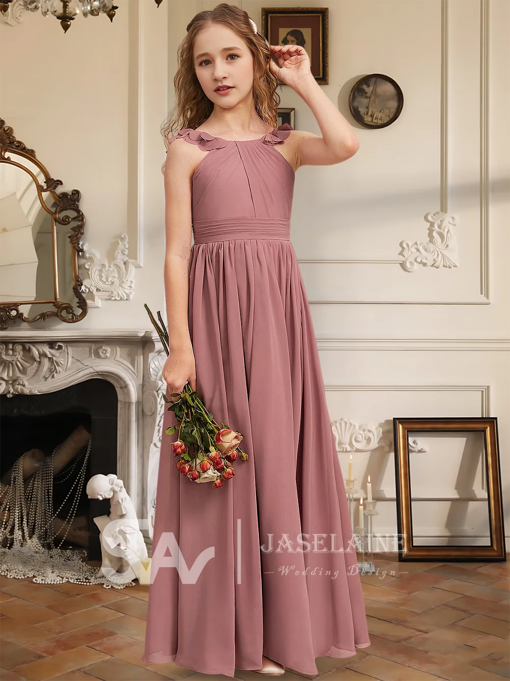 

QA Kids A Line Scoop Floor Length Chiffon Junior Bridesmaid Dress Flower Girl Dress 3D Floral Girls Party Wedding Formal Special