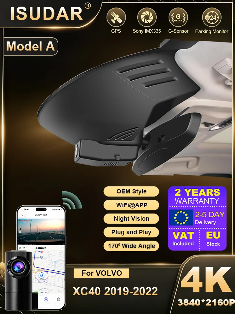 ISUADR 4K 2160P Dashcam für Volvo XC40 2019-2022 Modell A Style Plug-and-Play Auto-DVR WiFi APP Dual-Kamera Nachtsicht OEM-Look