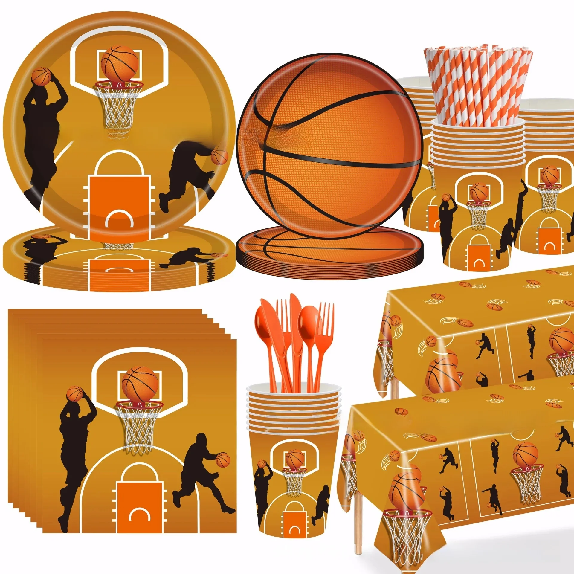 Vaisselle jetable pour fête sur le thème du basketball orange pour 8 invités, décoration de fête d'anniversaire pour garçon sur le thème du sport, avec motif « Slam Dunk on the Stadium »
