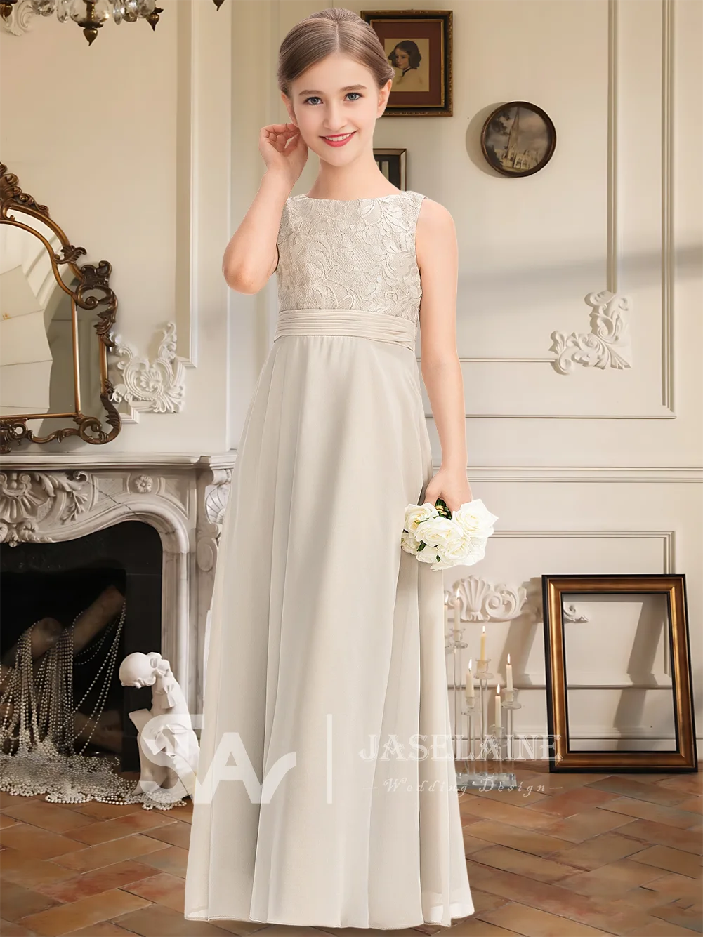 فستان وصيفة العروس أنيق للصغار دانتيل شيفون على شكل حرف A طول الأرض فستان فتاة الزهور للفتيات فساتين حفلات الزفاف الرسمية