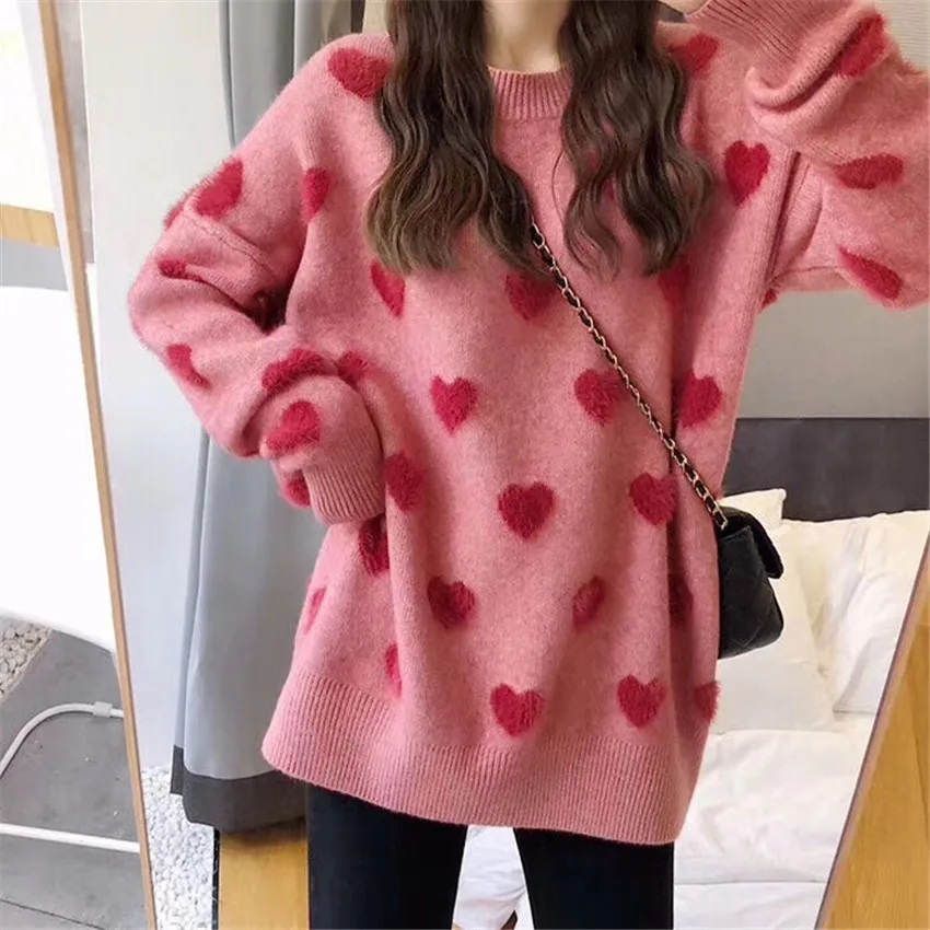 

Korean version heart-shaped round-neck pullover knitted new loose fairy gentle style student sweater coat for spring, autumn and