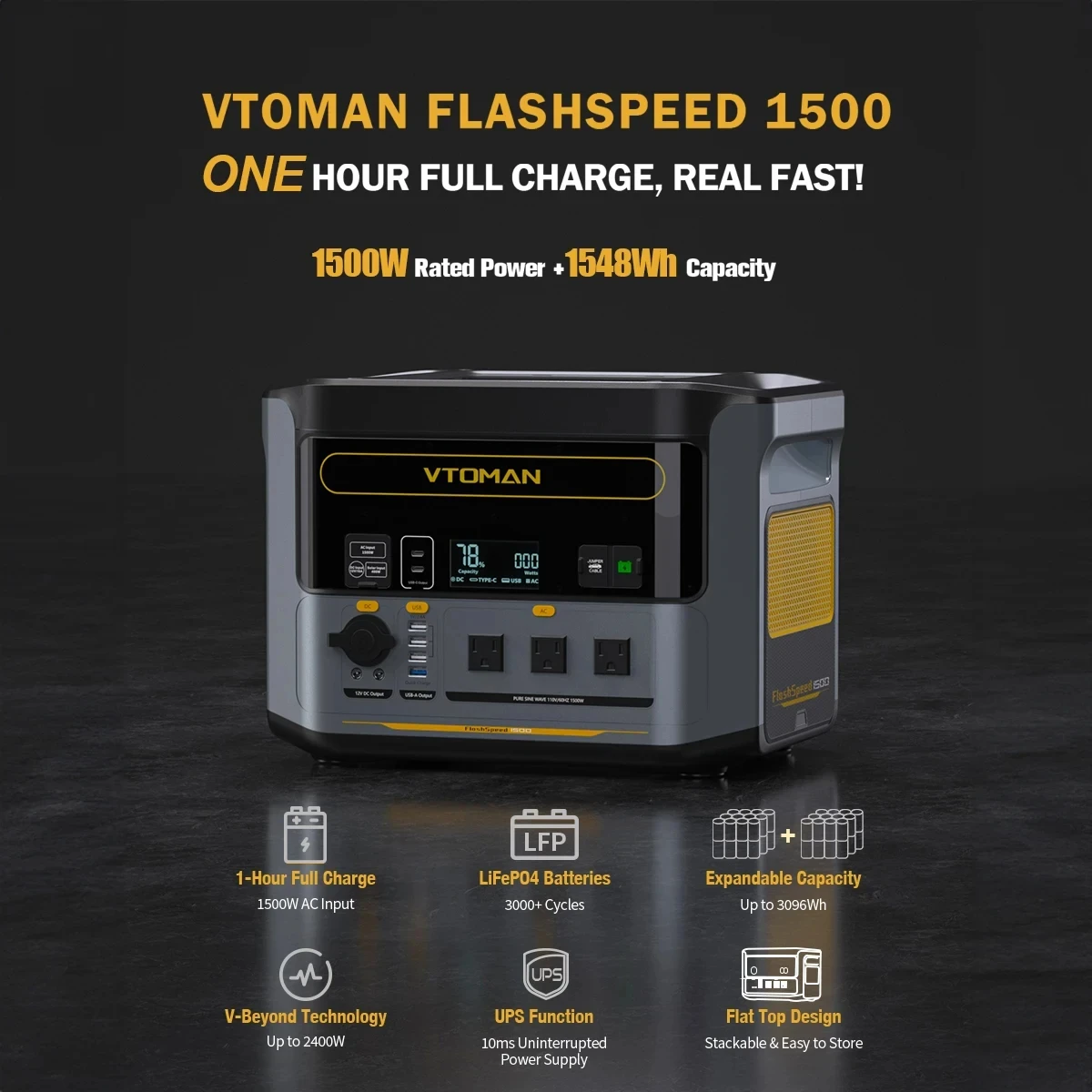 VTOMAN FlashSpeed 1500 estación de energía portátil 1548Wh LiFePO4 batería con pico de 3000W para acampar al aire libre RV energía en el hogar