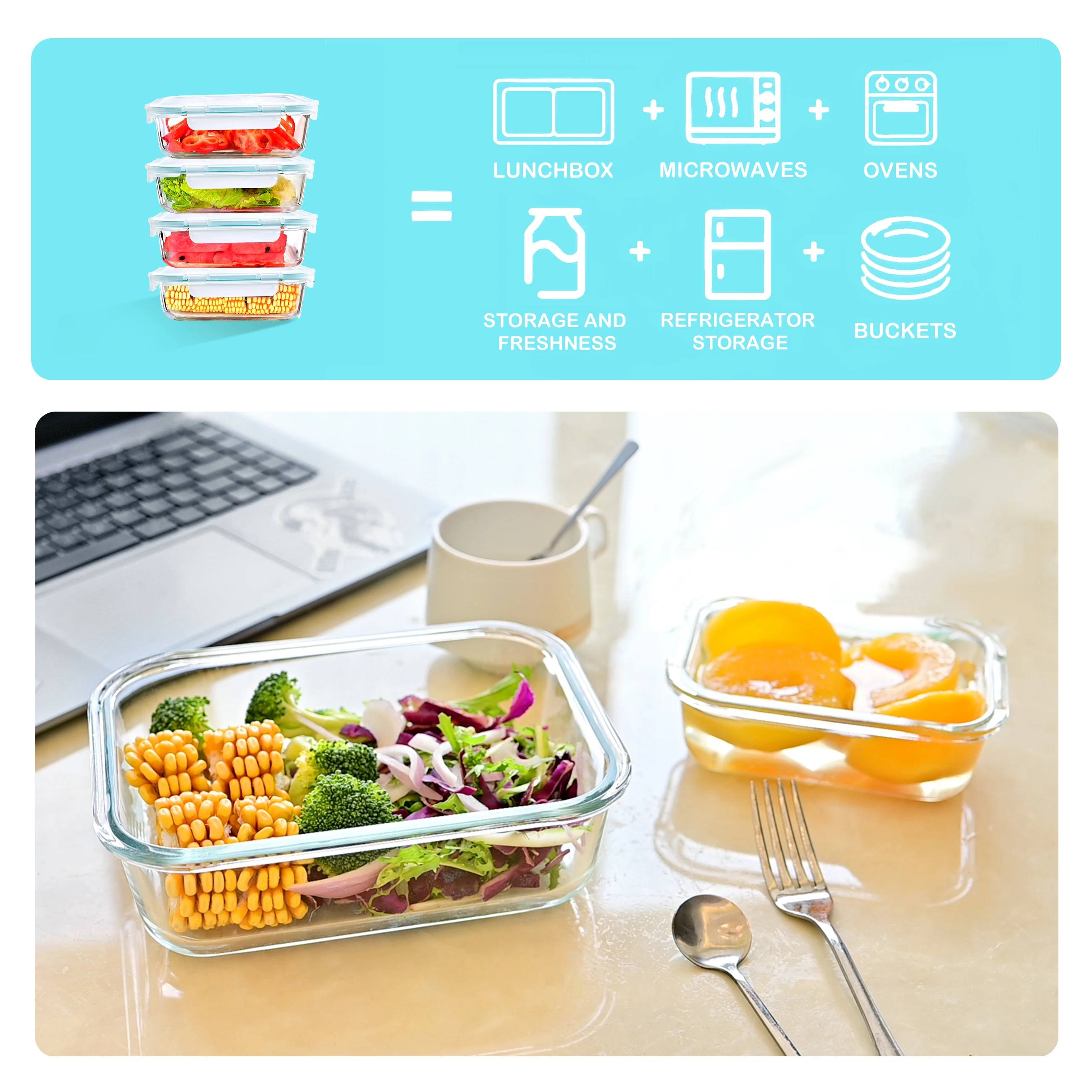 SAEIV 8-piece set of airtight food storage containers, 370/1040ml glass food storage jars, microwave/dishwasher safe, BPA-free – Detail 4