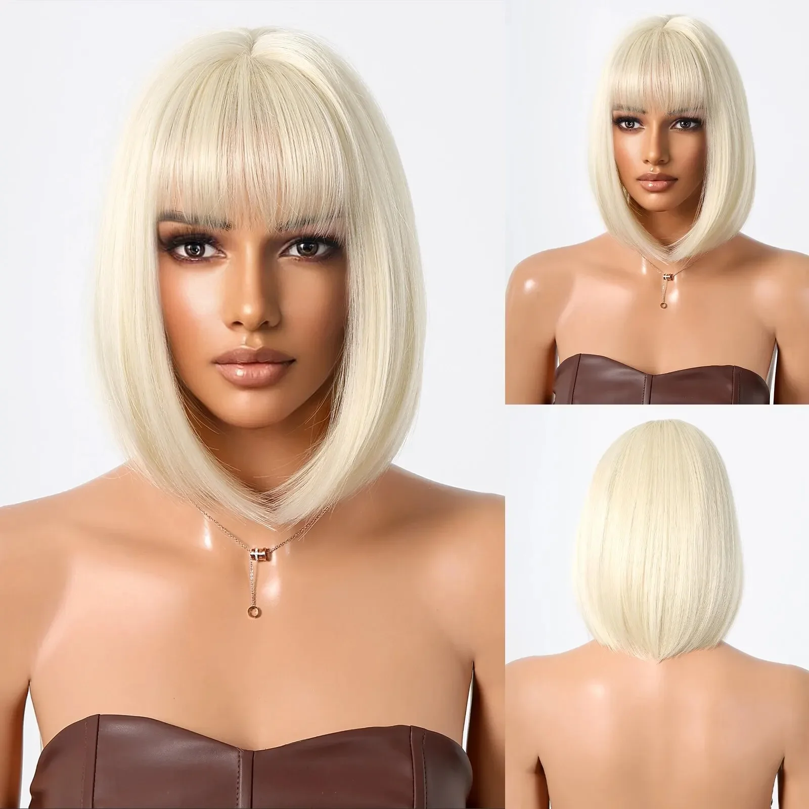 Platynowa blond peruka Bob z grzywką Syntetyczne peruki Cosplay z krótkimi prostymi włosami dla czarnych kobiet Żaroodporne imprezowe codzienne sztuczne włosy — zdjęcie 2