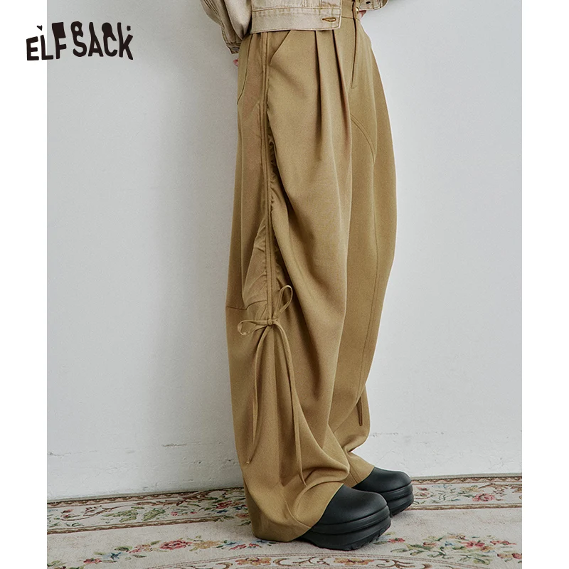 ELFSACK 2025 Spring New Arrivals Vintage Khaki Drawstring Casual Wide Leg Pants Women Loose Straight Lady Pants