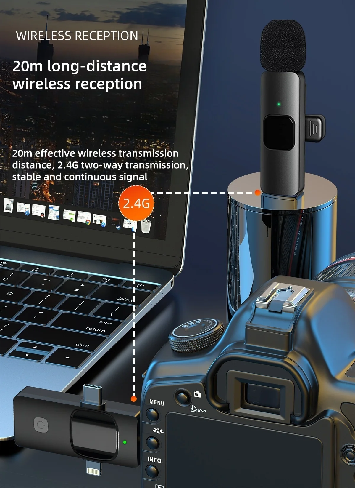 2.4G ميكروفون لاسلكي Lavalier 3 في 1 ميكروفون لاسلكي لطية صدر السترة آيفون أندرويد تسجيل الصوت والفيديو هيئة التصنيع العسكري البث المباشر للألعاب