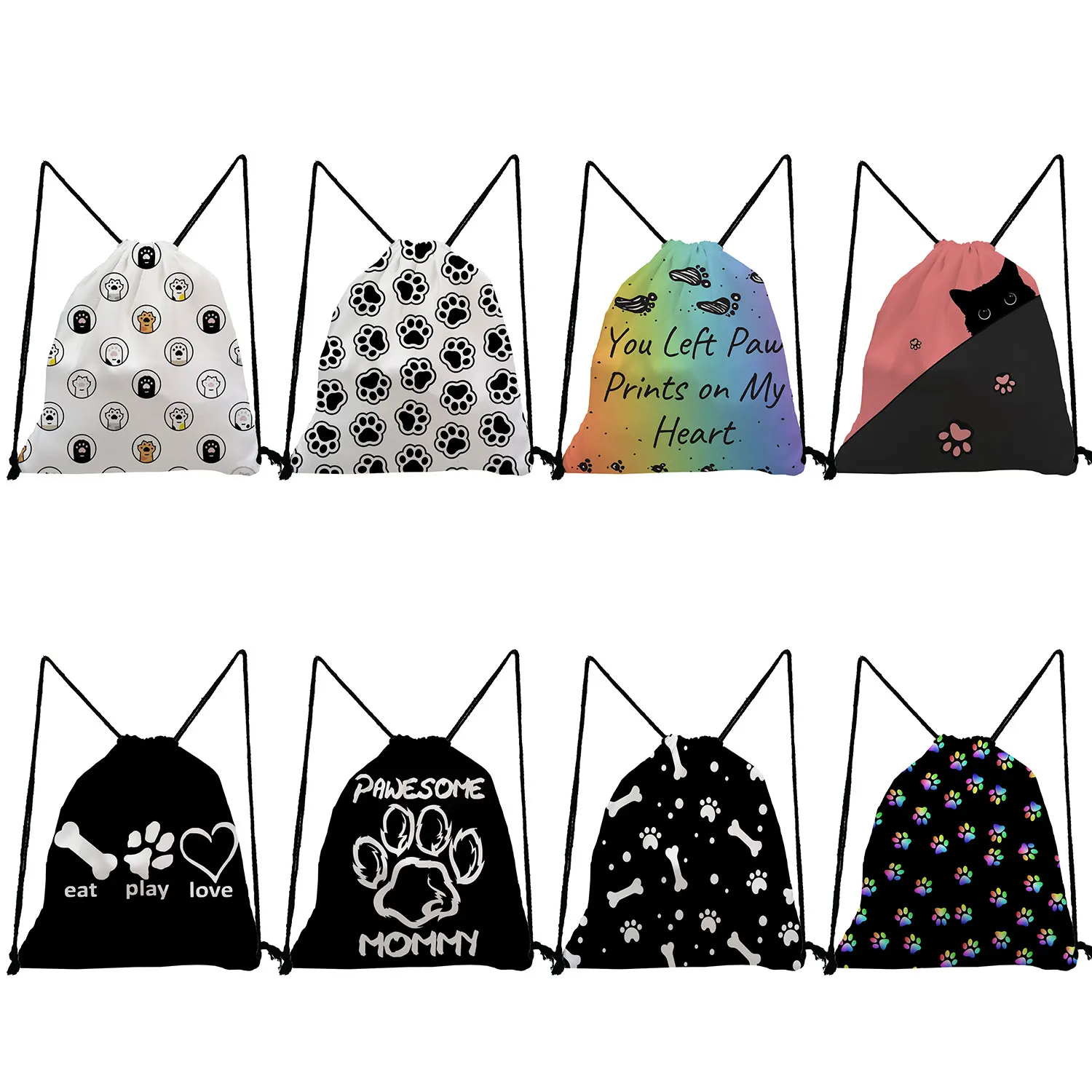 Portable Custom Drawstring Pocket Backpack for Women Storage Shoes Bags High Quality Kawaii Dog Paw Printed School Book Bag Gift