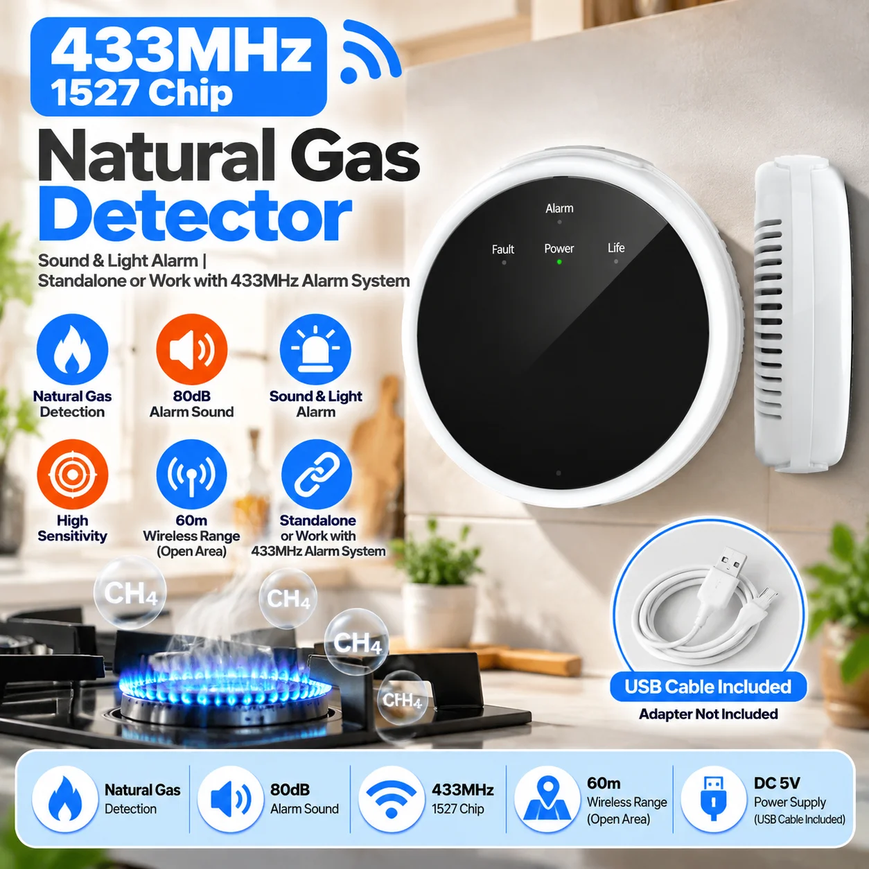 Wireless Natural 433mhz Gas Leakage Detector Home Alarm Siren Safety Device Kitchen Security Sensor for Our alarm system