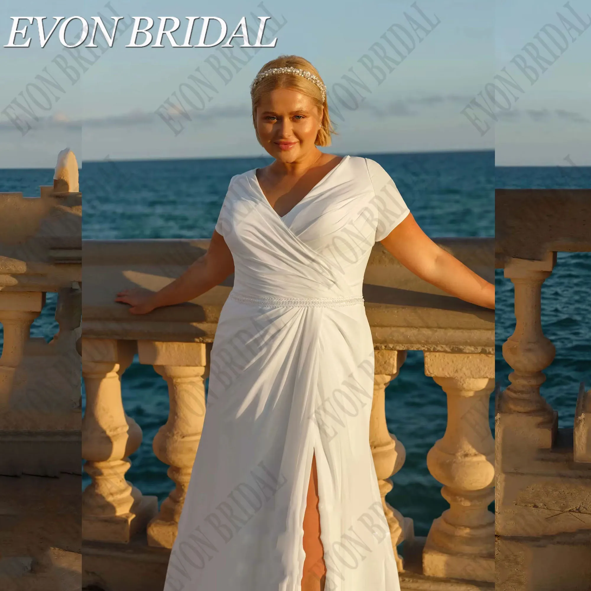 Large Size Woman Wedding Dress Chiffon Short Sleeves Mermaid Classic Robe De Mariée Side Split V-Neck EVON BRIDAL Customized