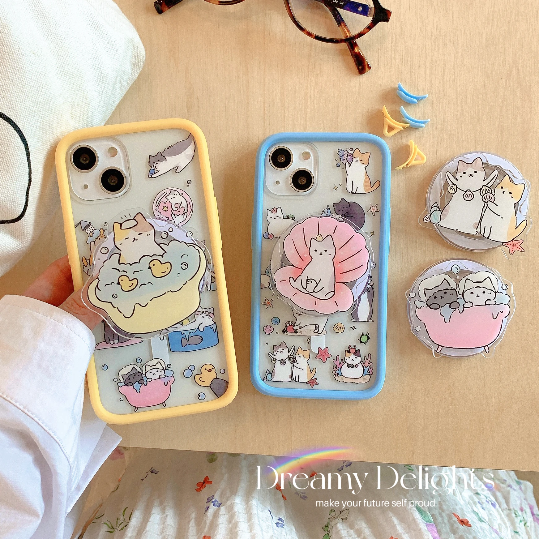 Acrylic Magnetic Phone Case Anti-fall Holder Bath Cat Beach iPhone 12 13 14 15 Pro Max Japan and Korea Instagram Cute