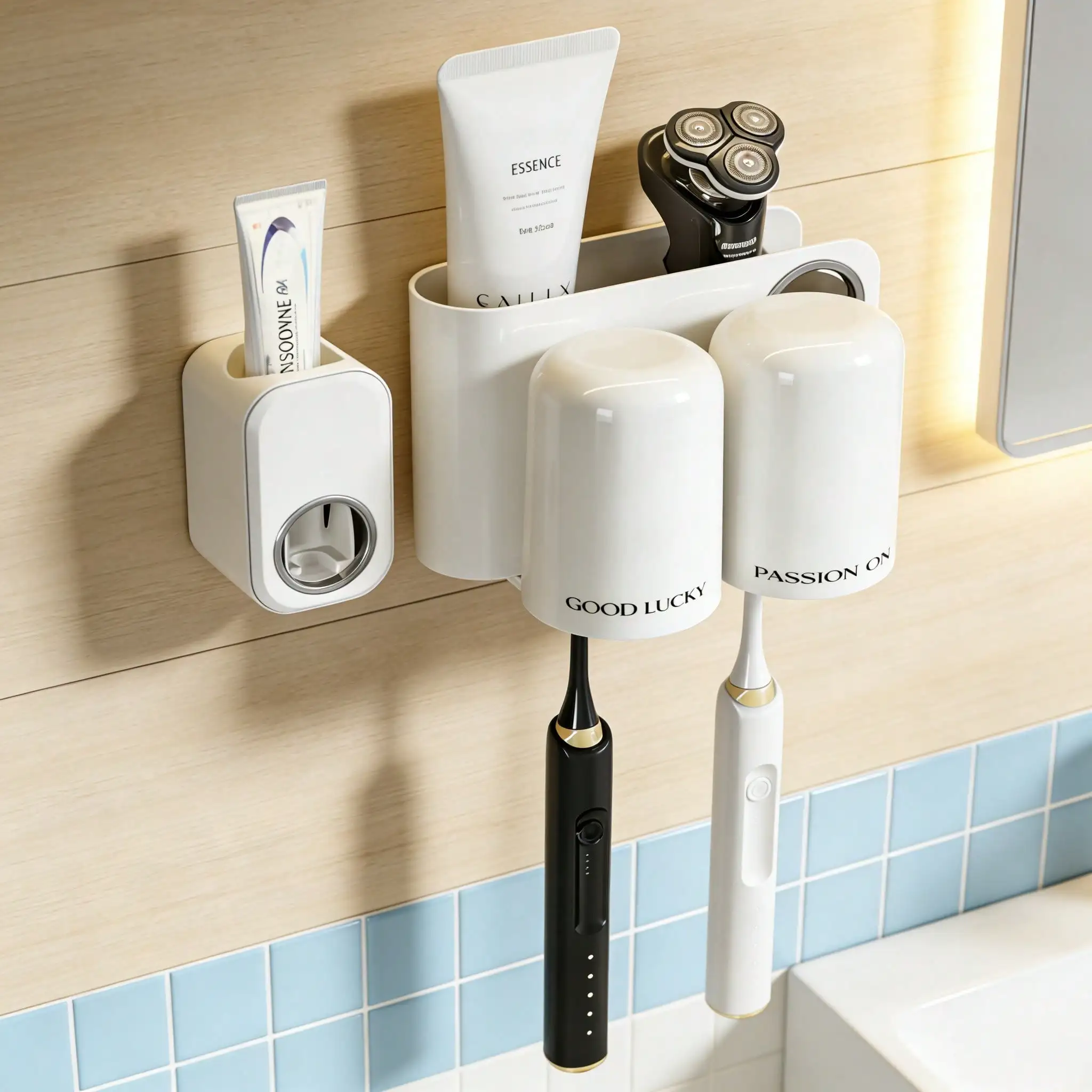 1 Set Wall-Mounted Toothbrush Holder, With 3 Dust-Proof Cups And Toothpaste Dispenser,Multifunctional Bathroom Organizer With Automatic Toothpaste Dispenser And Cups, Punch-Free Bathroom Shelf, Luxury Bathroom Set, Bathroom Wall-Mounted Organizer For Br