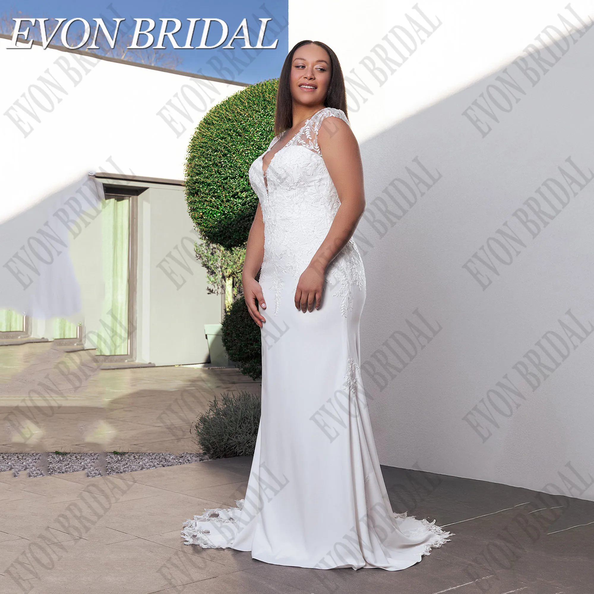 

EVON BRIDAL Mermaid V-Neck Luxury Wedding Dress Plus Size Cap Sleeve Satin Illusion Back Bride Gown Customized vestidos de novia