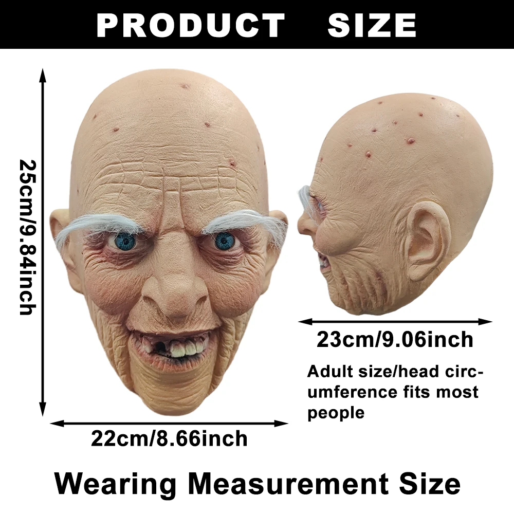 Realistyczna maska horroru z pokrytą zmarszczoną twarzą starego mężczyzny, straszny kostium na Halloween z łysą głową, rekwizyt do cosplayu, akcesorium na imprezę w nawiedzonym domu.