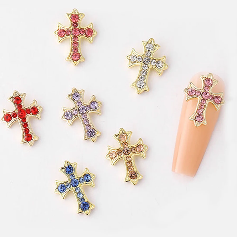 10Pcs Luxury Silver Cross Nail Art Charms 3D Alloy Retro Glitter Diamond Cross Nail Rhinestones DIY Punk Manicure Accessories