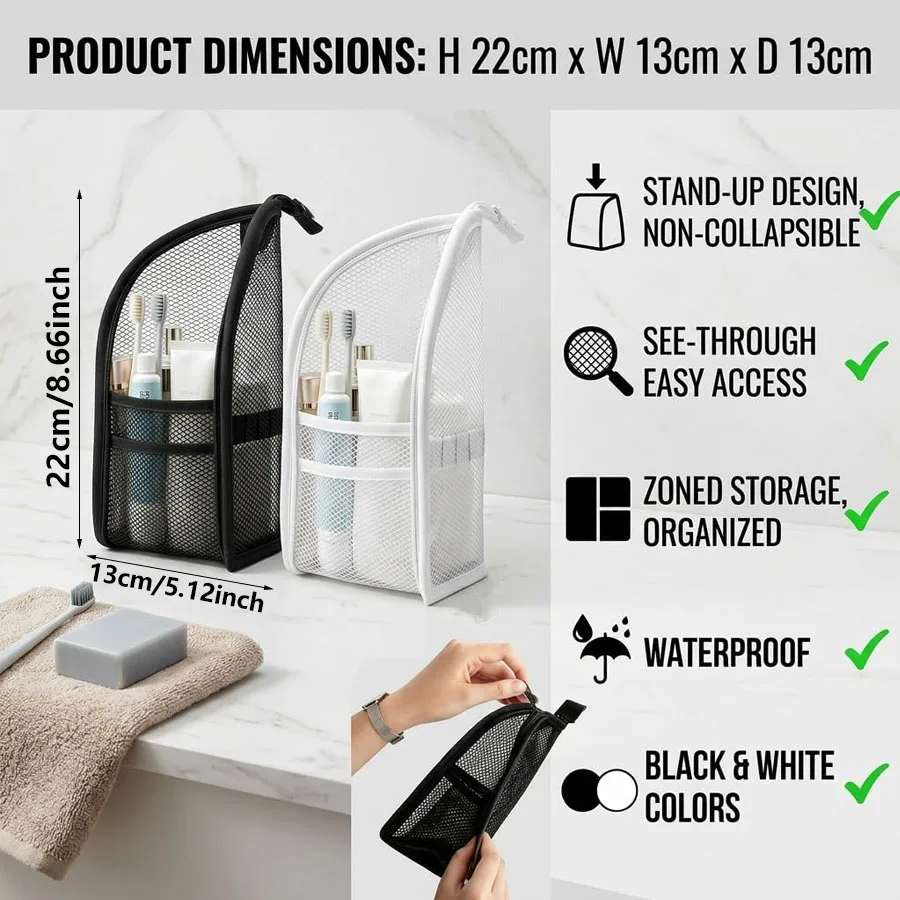 Travel Gym Daily Mesh Toiletry Bag 1PC, Black White Portable Multi-Functional Toothbrush Cosmetic Organizer