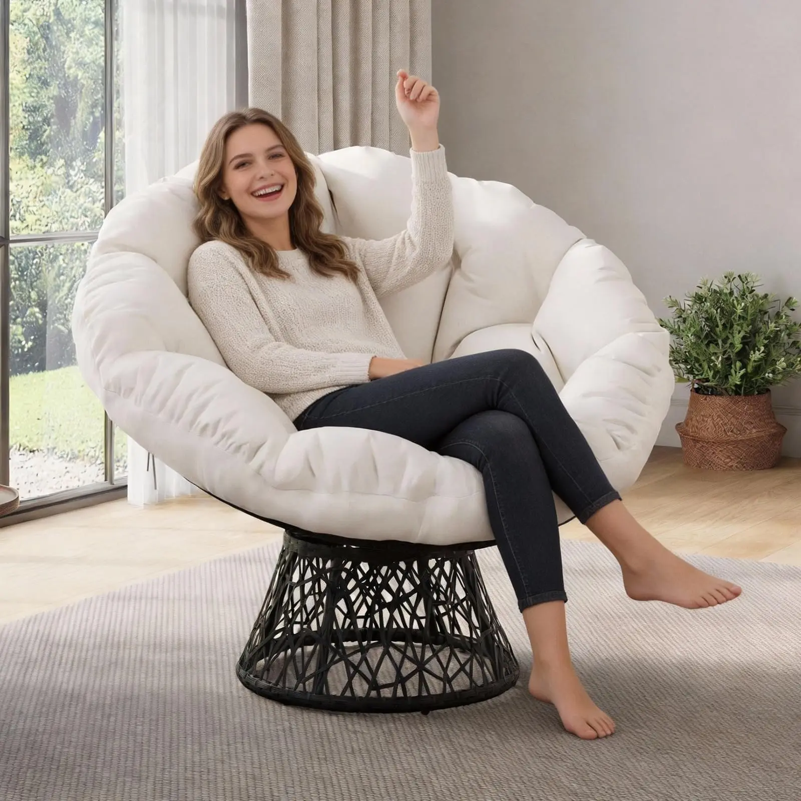 Fauteuil pivotant en rotin, fauteuil ergonomique en osier pour usage extérieur et intérieur avec un coussin confortable et épais, structure en acier robuste, chaise de lecture pour le salon, la chambre, le balcon