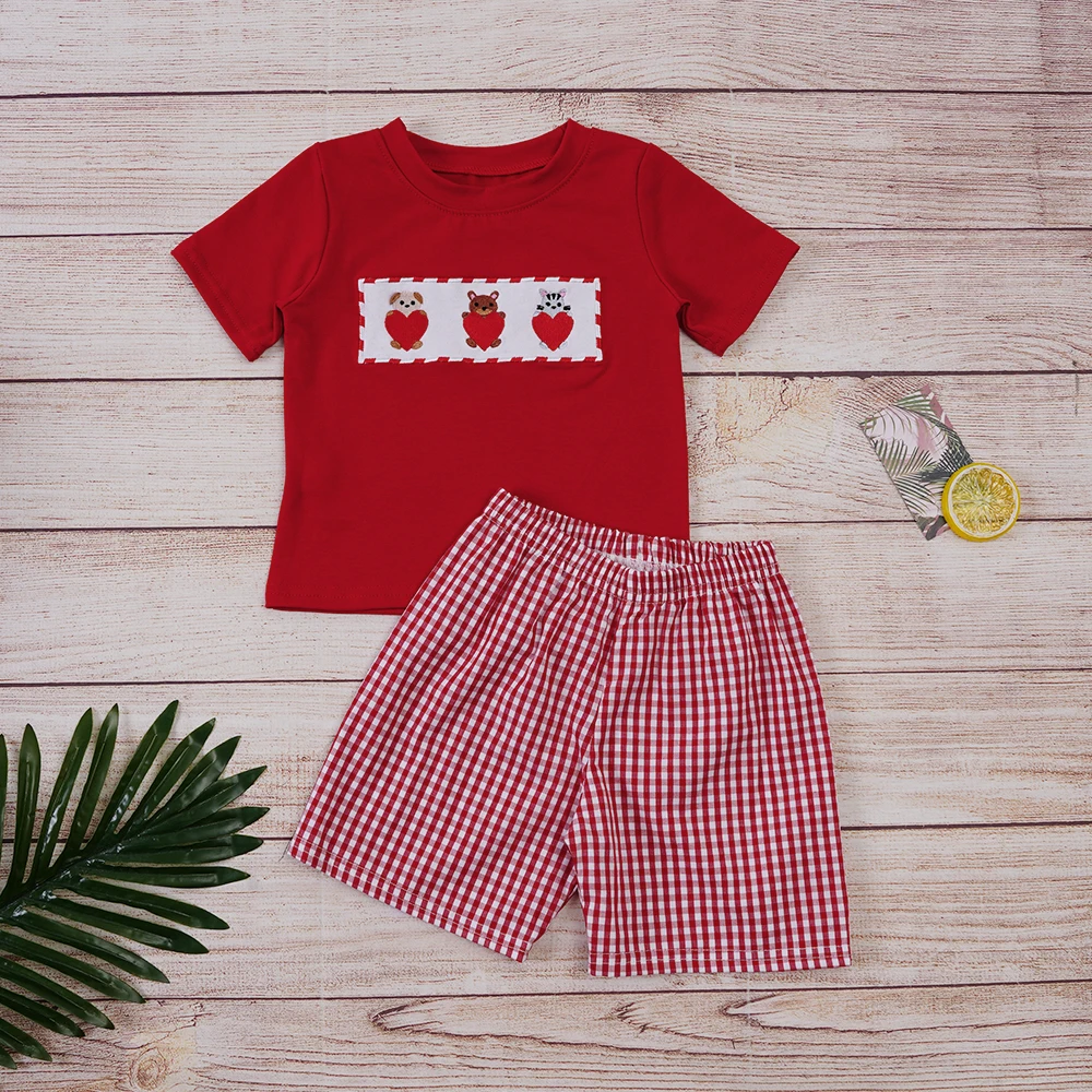 Valentine's Day Outfits Baby Boys Clothes Set Animal Embroidery Bodysuit Red Sleeve T-Shirts Lattice Shorts Suit For 1-8T Babi