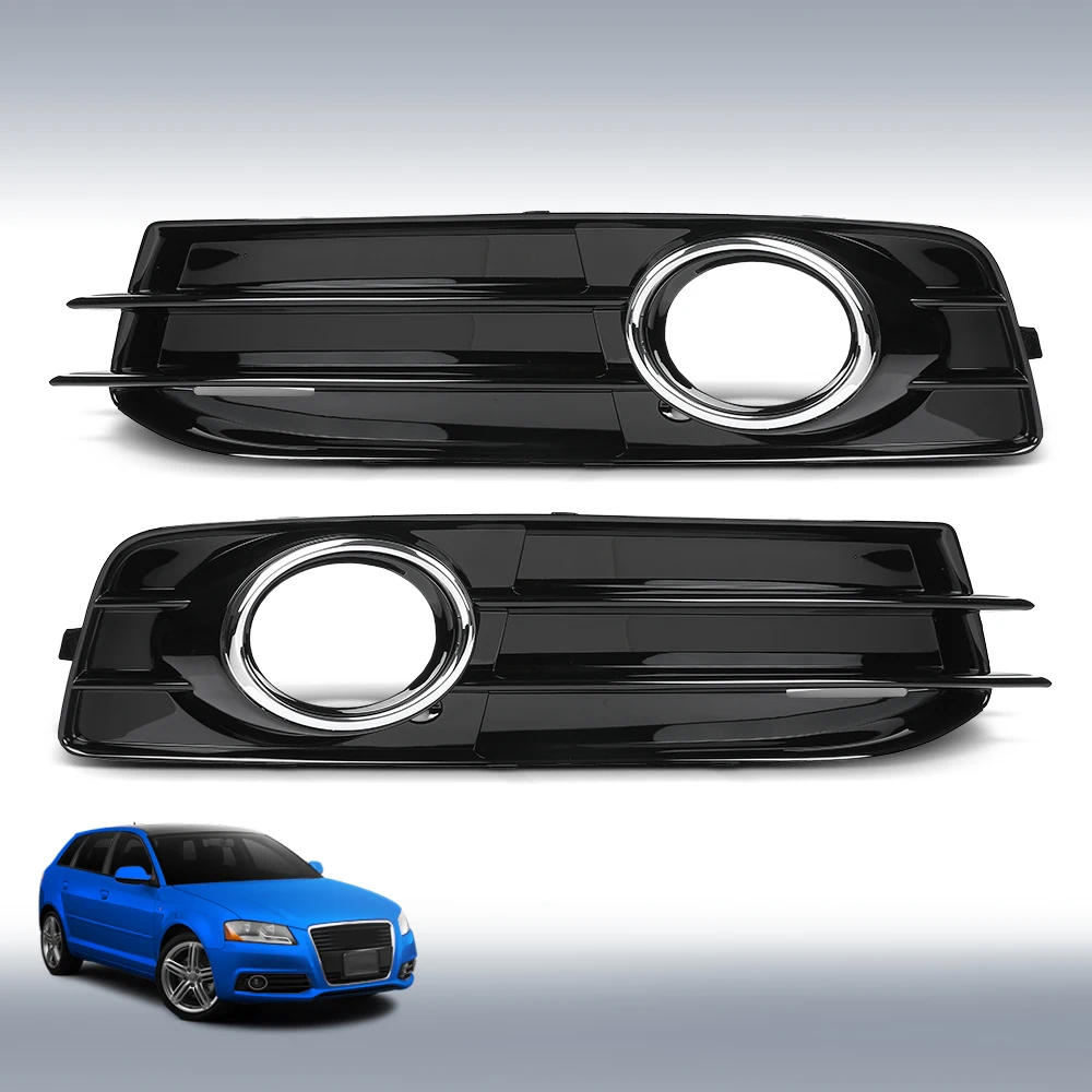 

1 Pair Front Bumper Fog Light Grille Cover New Fit for 2009-2012 Audi A3 8P S-Line Plastic Black Black W/Chrome Trim Durable