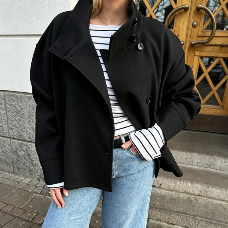 Elegant Cropped Woolen Jacket Coat Women's Stand Collar Single-breast Full Sleeves Solid Pocket Overcoat Autumn Winter Lady Top