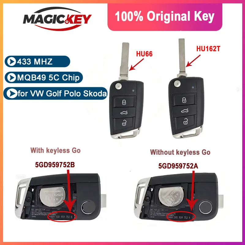 

MAGICKEY 5GD959752A 5GD959752B Original Flip Remote Key MQB49 5C Chip 433MHz for VW Golf Polo Skoda Seat Tiguan Touran
