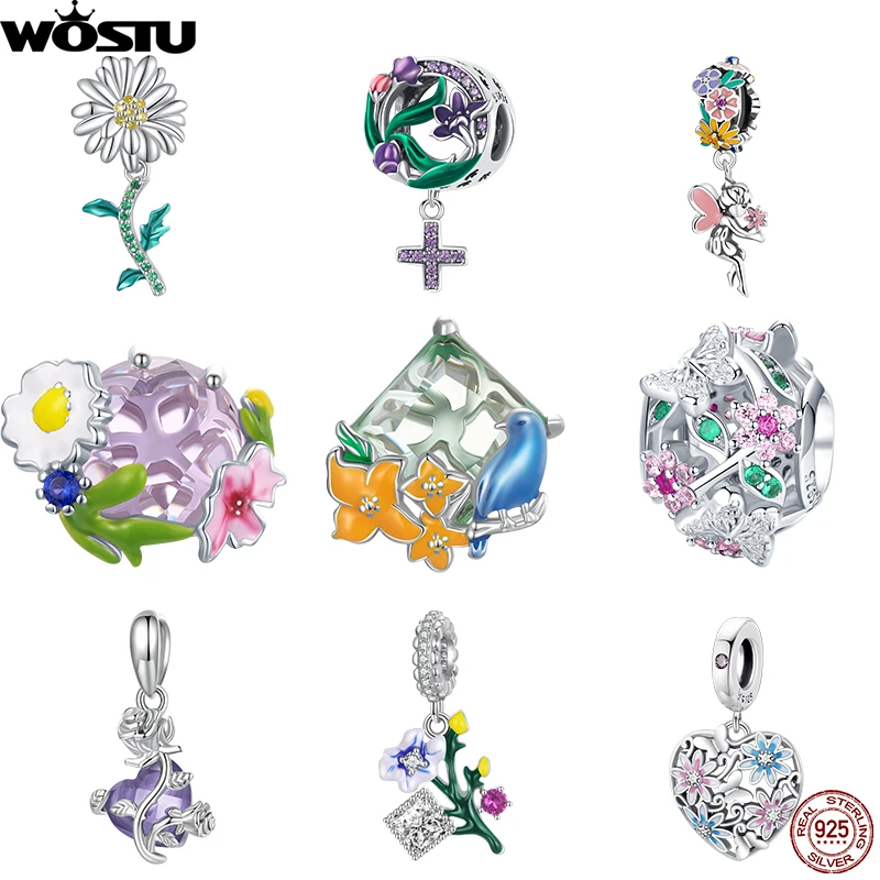 WOSTU 925 Sterling Silver Colorful Flower Charms Blue Zircon Bird Hanging Beads Fit Original Bracelet DIY Making Jewelry Gift