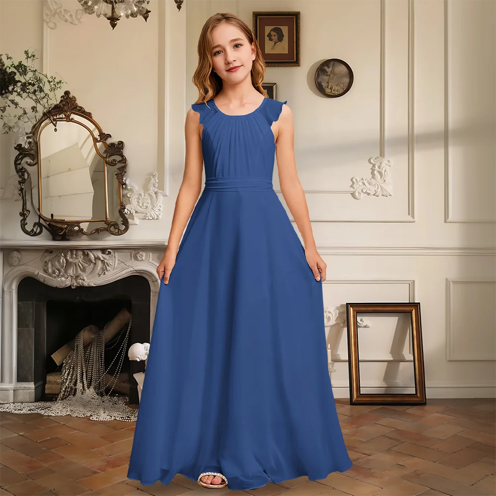 

Elegant A-Line Scoop Floor-Length Chiffon Junior Bridesmaid Dress Flower Girl Dress With Ruffled V-Cut Back Party Wedding Formal