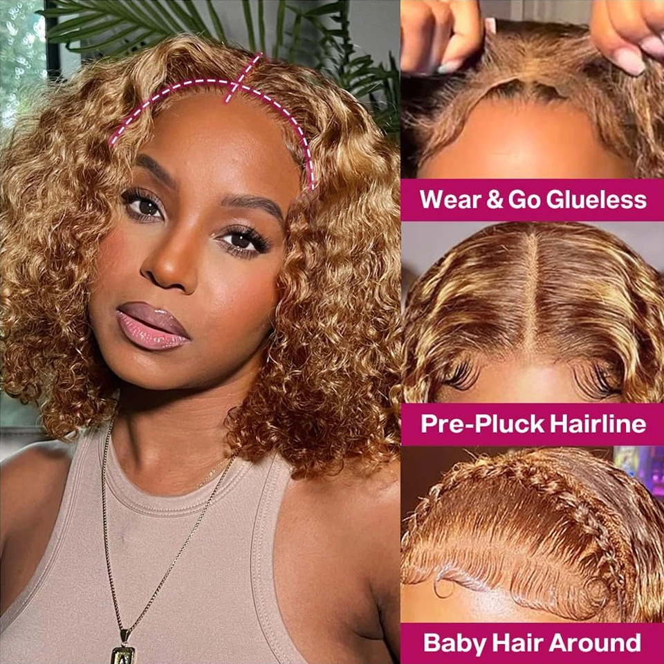 250% Highlight Short Curly Bob Wig Human Hair Lace Wig Deep Wave 13x4 Lace Front Human Hair Wigs Brazilian Virgin Human Hair image 3
