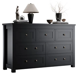 Black Dresser for Bedroom with 7 Drawers, Wood Dressers Chest of Drawers with Metal Handles, Modern Bedroom Dresser with Drawers